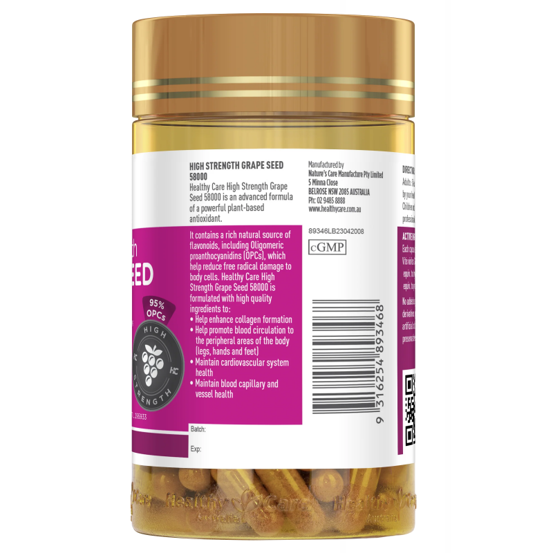 Healthy Care High Strength Grape Seed 58000 - 200 Capsules - myernk